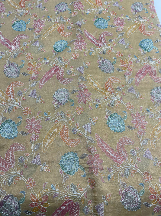 Mustard Multicolor Floral Organza Embroidery Fabric – Premium Sheer Designer Fabric for Ethnic & Occasion Wear