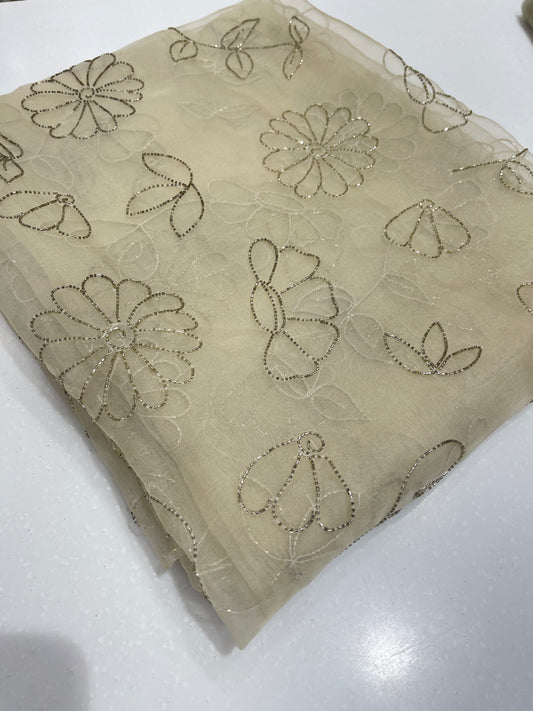 Premium Organza Cut Dana Embroidered Fabric – Elegant Floral Handwork for Ethnic & Occasion Wear