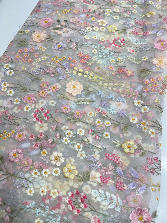 Pastel Multicolor Floral Organza Embroidery Fabric – Premium Sheer Designer Organza