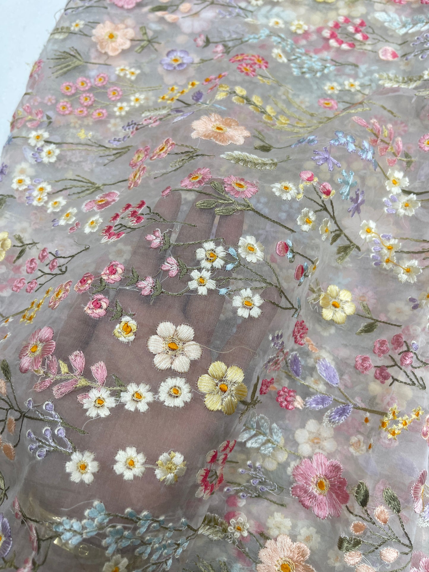 Pastel Multicolor Floral Organza Embroidery Fabric – Premium Sheer Designer Organza