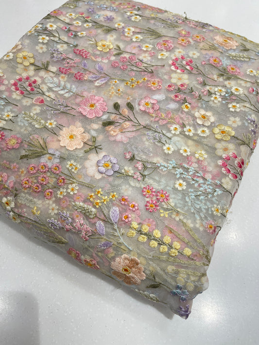 Pastel Multicolor Floral Organza Embroidery Fabric – Premium Sheer Designer Organza