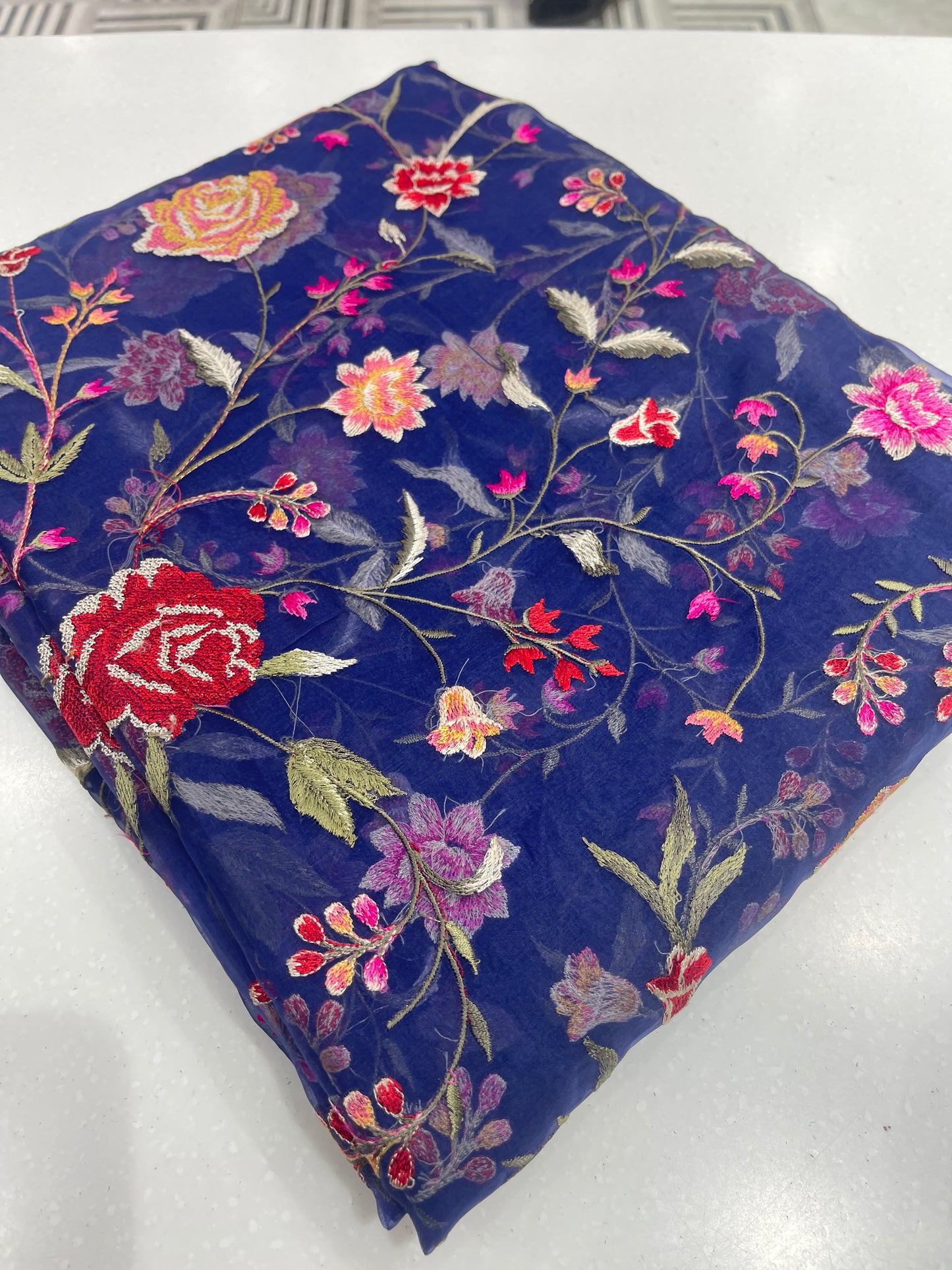 Midnight Blue Floral Organza Embroidery Fabric – Multicolor Thread Work