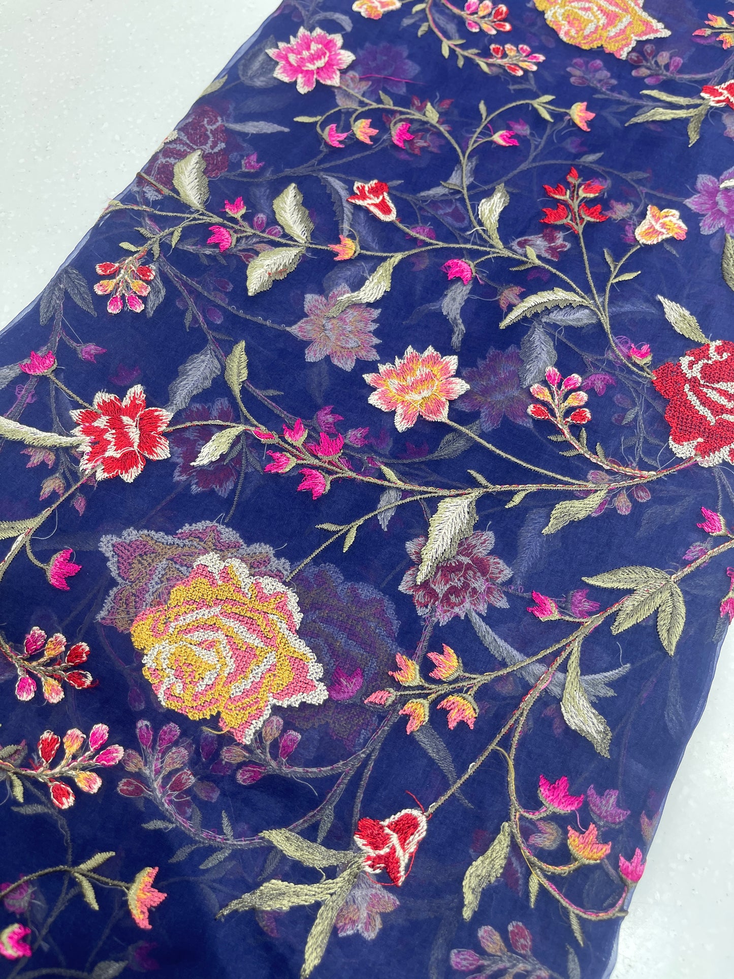 Midnight Blue Floral Organza Embroidery Fabric – Multicolor Thread Work