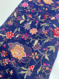 Midnight Blue Floral Organza Embroidery Fabric – Multicolor Thread Work