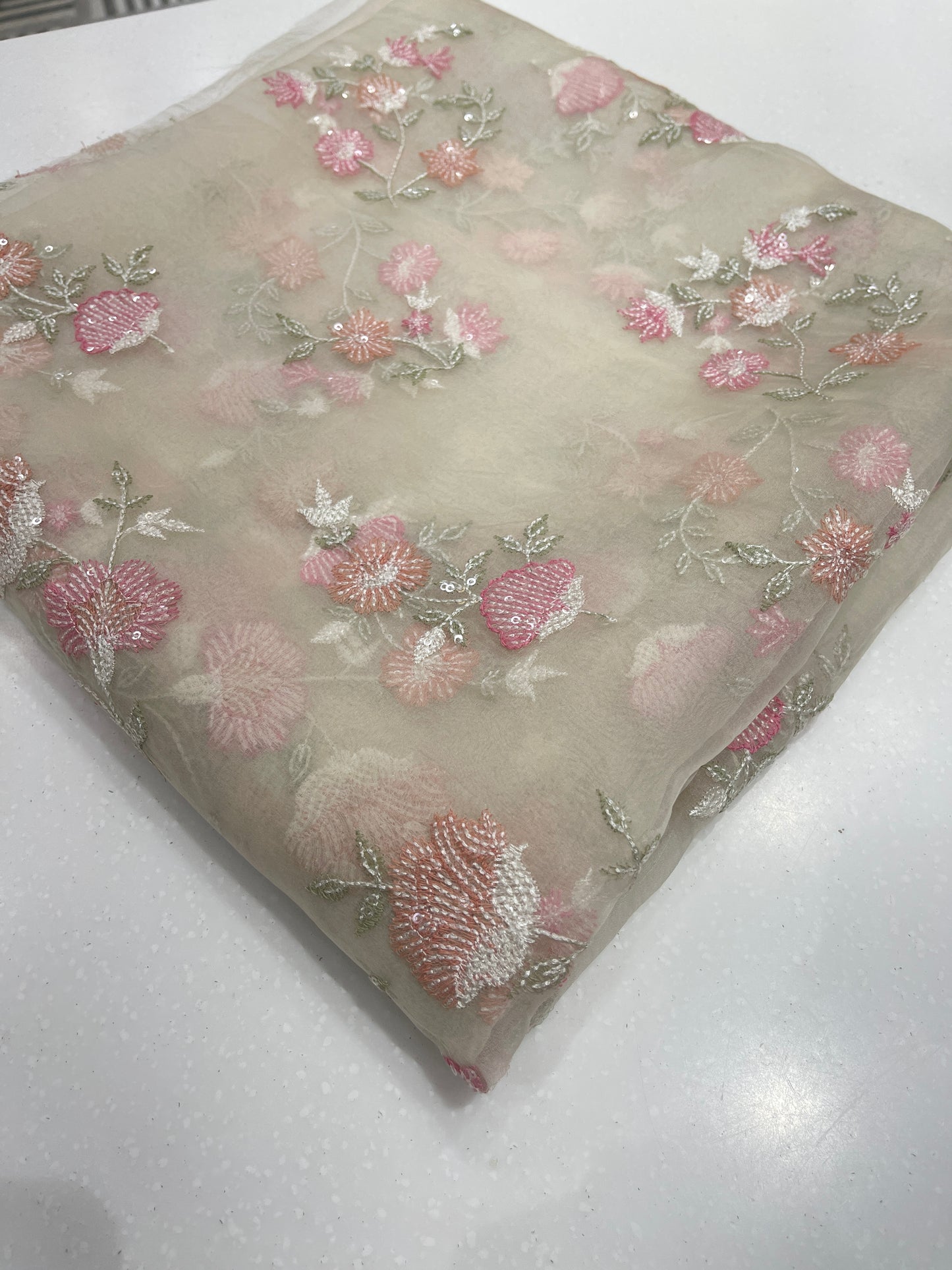 Premium Organza Embroidery Fabric – Pastel Floral Scattered Design