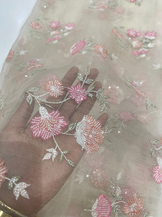 Premium Organza Embroidery Fabric – Pastel Floral Scattered Design