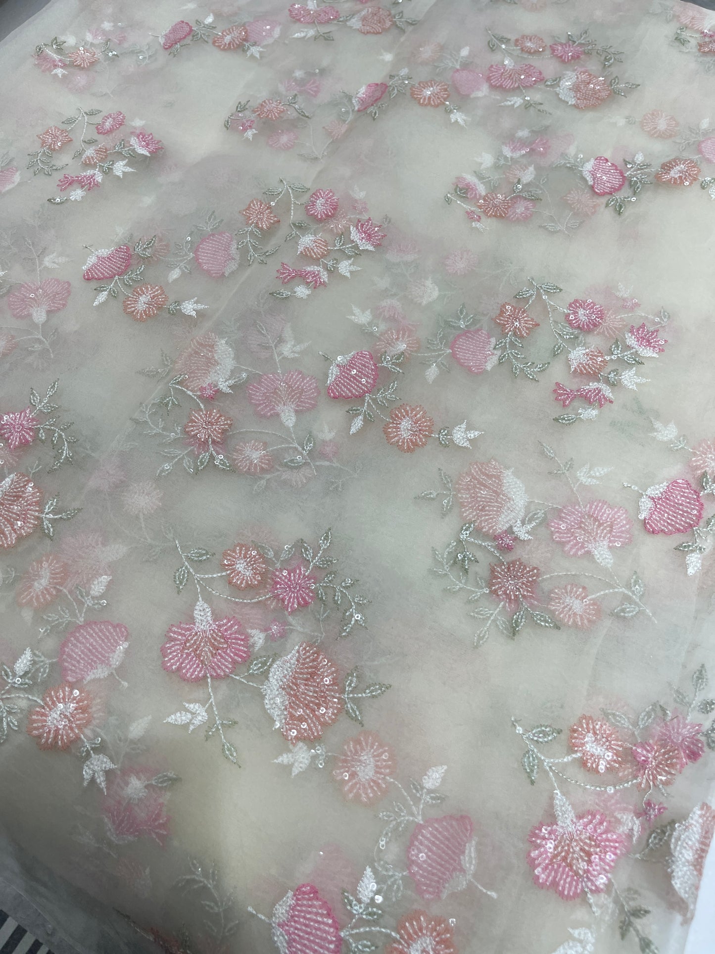 Premium Organza Embroidery Fabric – Pastel Floral Scattered Design