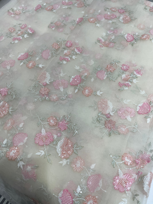Premium Organza Embroidery Fabric – Pastel Floral Scattered Design