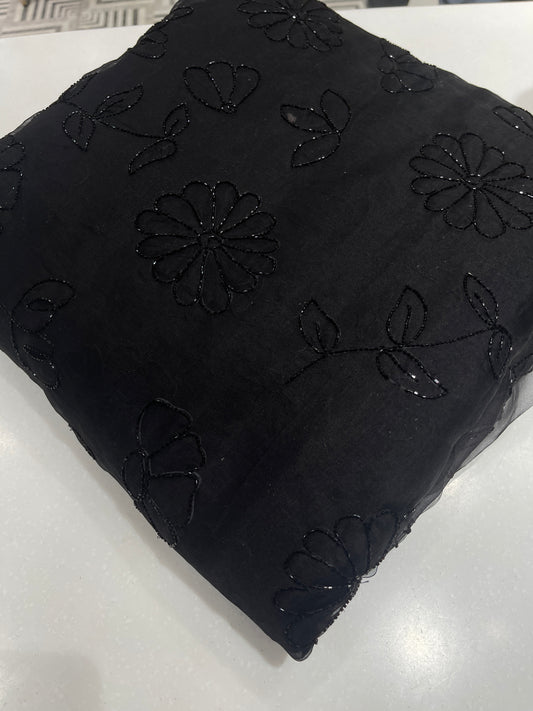 Black Organza Cut Dana Embroidered Fabric – Floral Sequin Work for Designer Wear