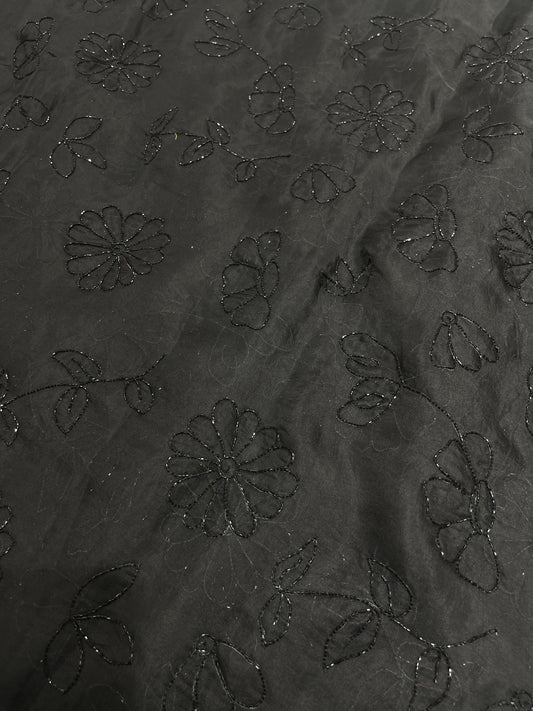 Black Organza Cut Dana Embroidered Fabric – Floral Sequin Work for Designer Wear