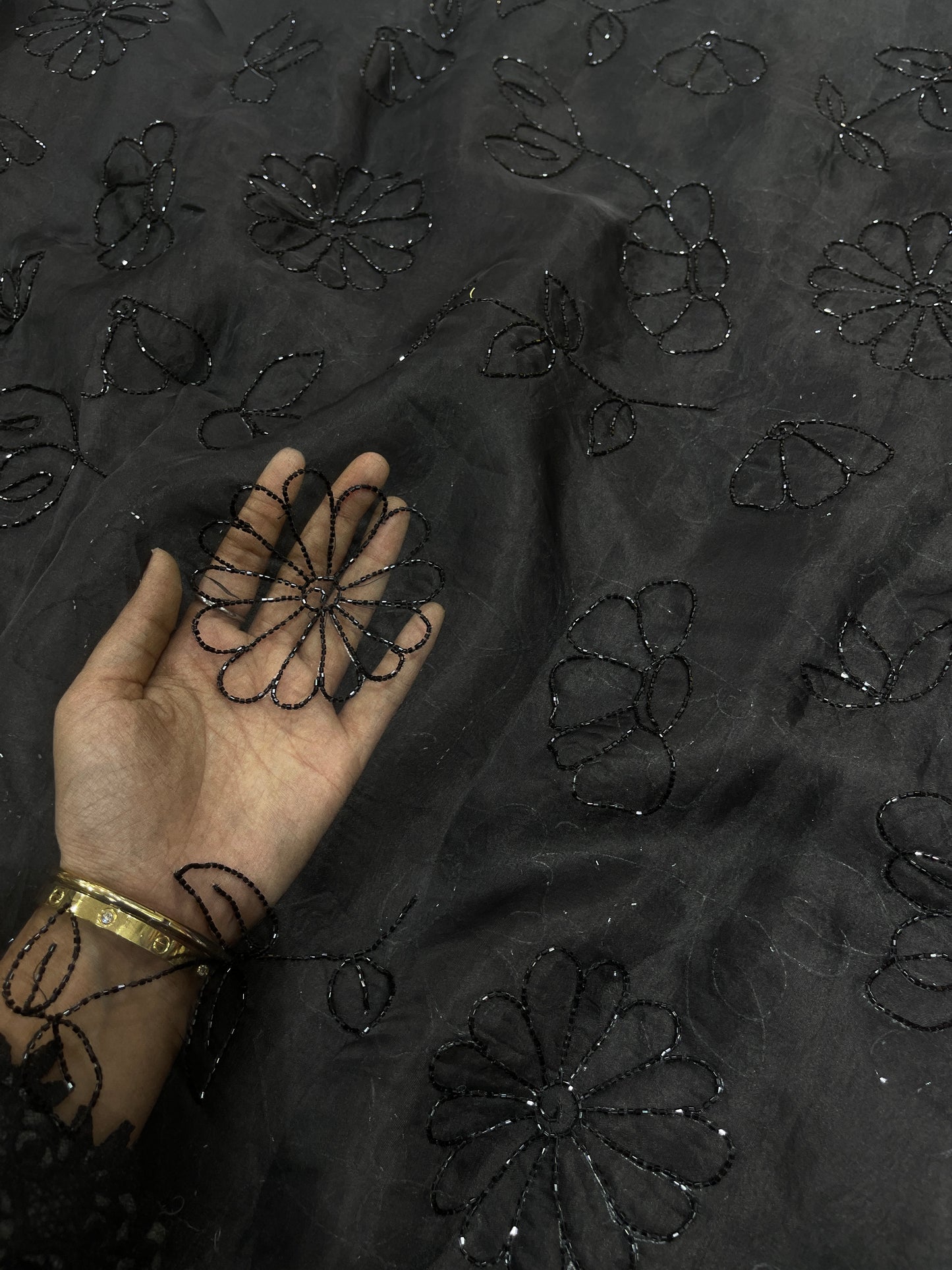Black Organza Cut Dana Embroidered Fabric – Floral Sequin Work for Designer Wear
