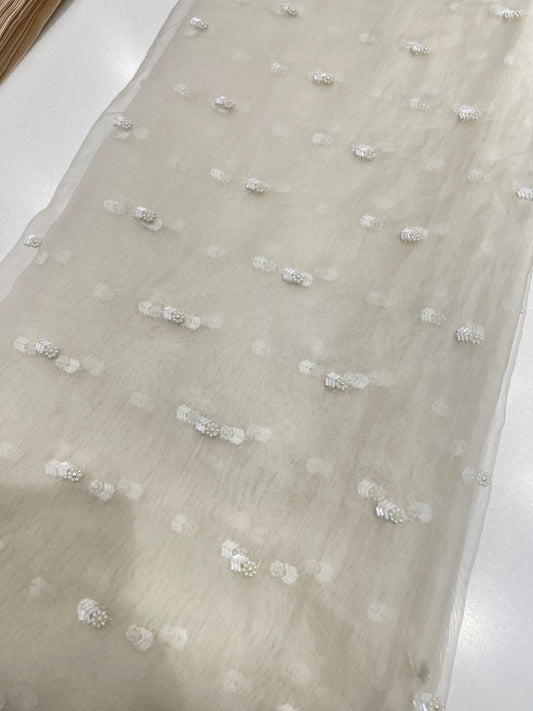 Ivory Organza Cut Dana Butti Embroidered Fabric – Premium Handwork Organza for Bridal & Festive Wear