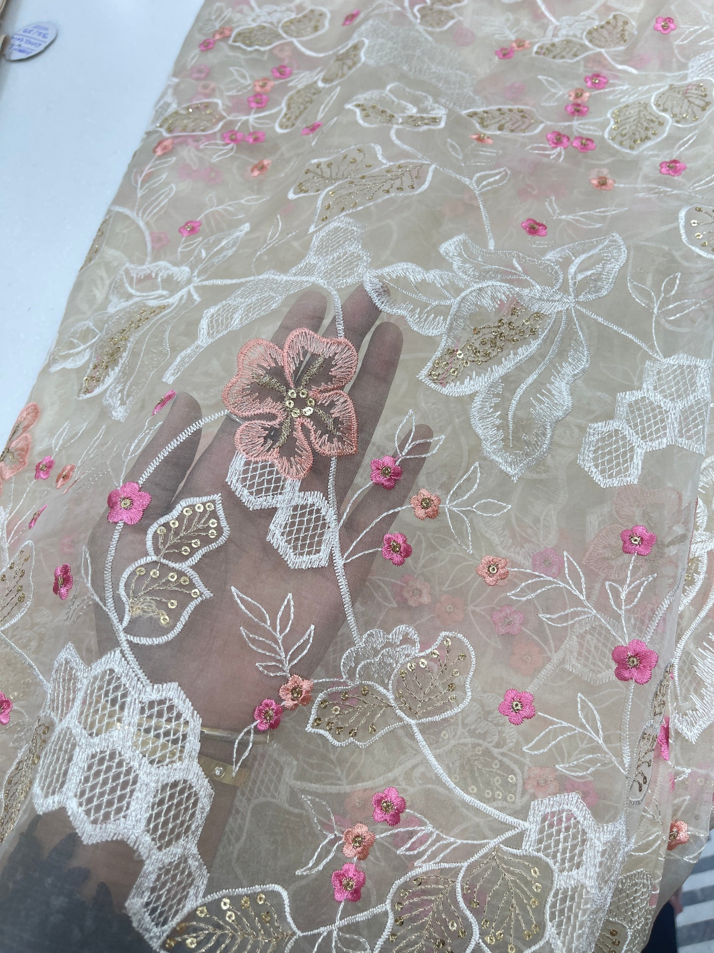 Premium Organza Embroidery Fabric – Blush Floral Sheer Designer Collection