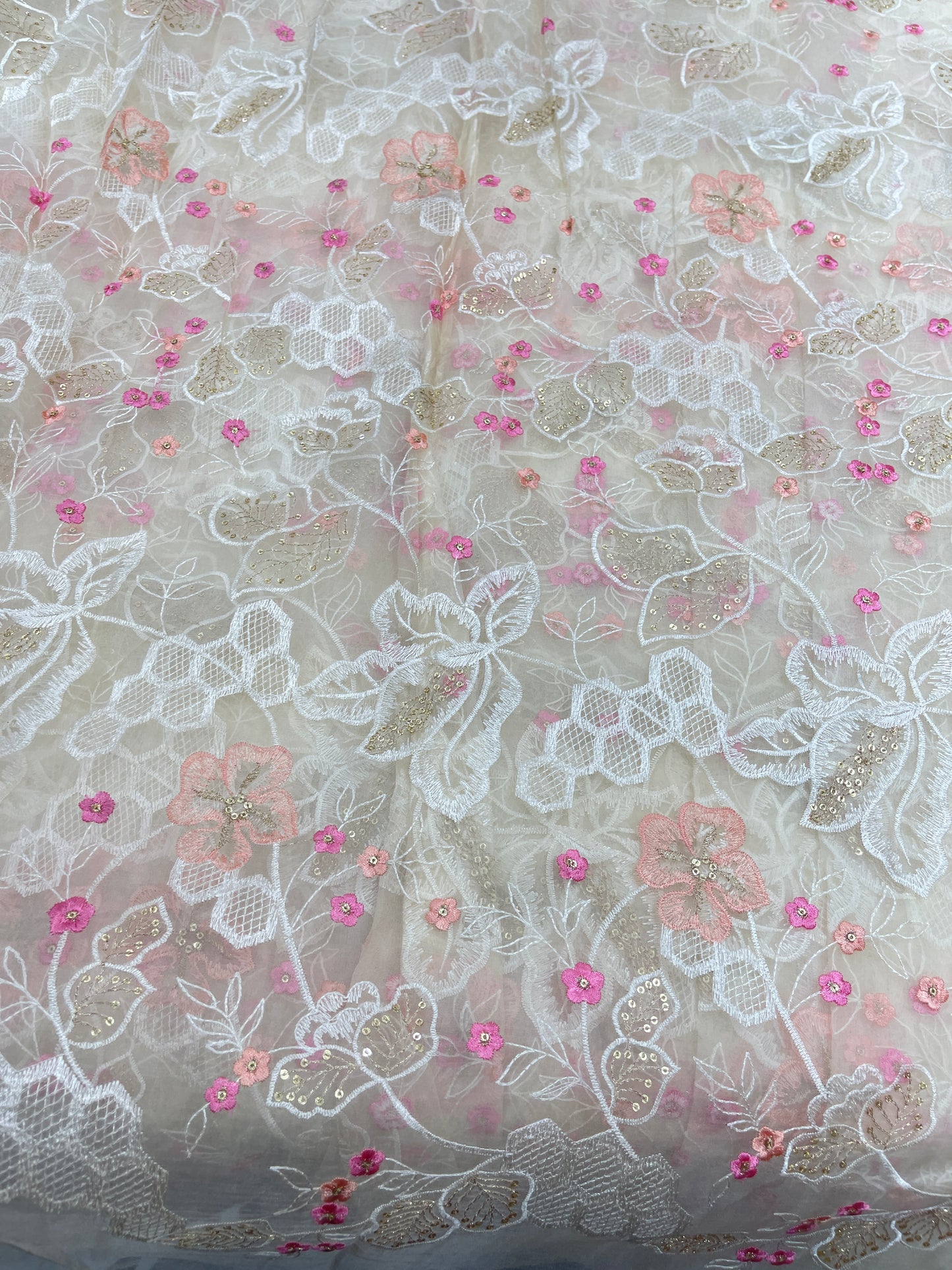 Premium Organza Embroidery Fabric – Blush Floral Sheer Designer Collection