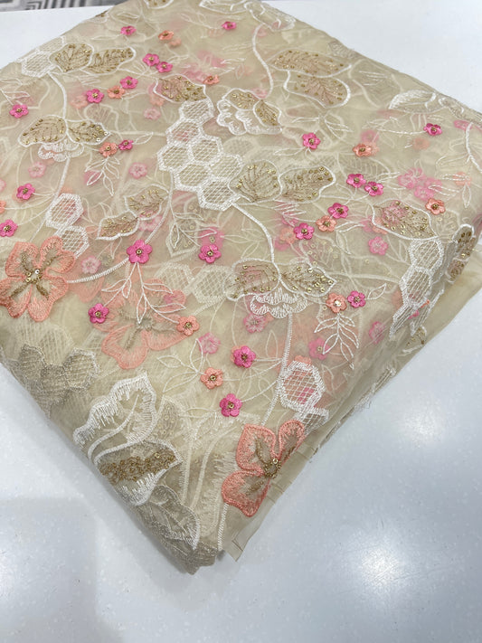 Premium Organza Embroidery Fabric – Blush Floral Sheer Designer Collection