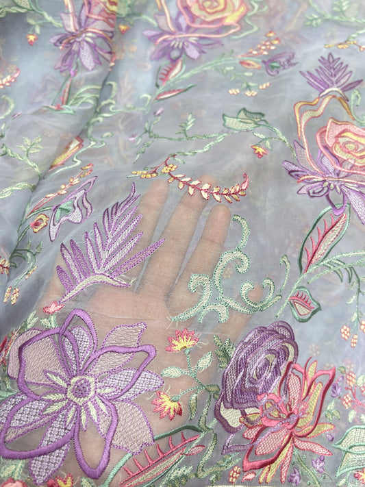 Premium Organza Embroidery Fabric – Multicolor Floral Designer Collection
