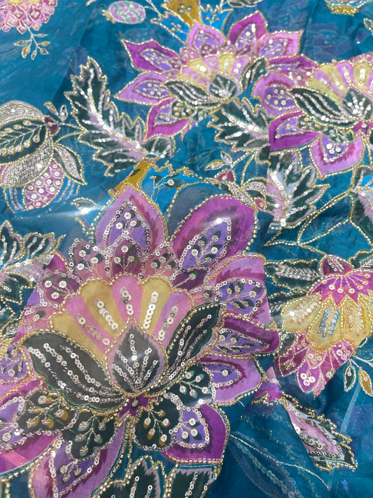 Premium Teal Multicolor Floral Heavy Embroidered Organza Cut Dana Fabric