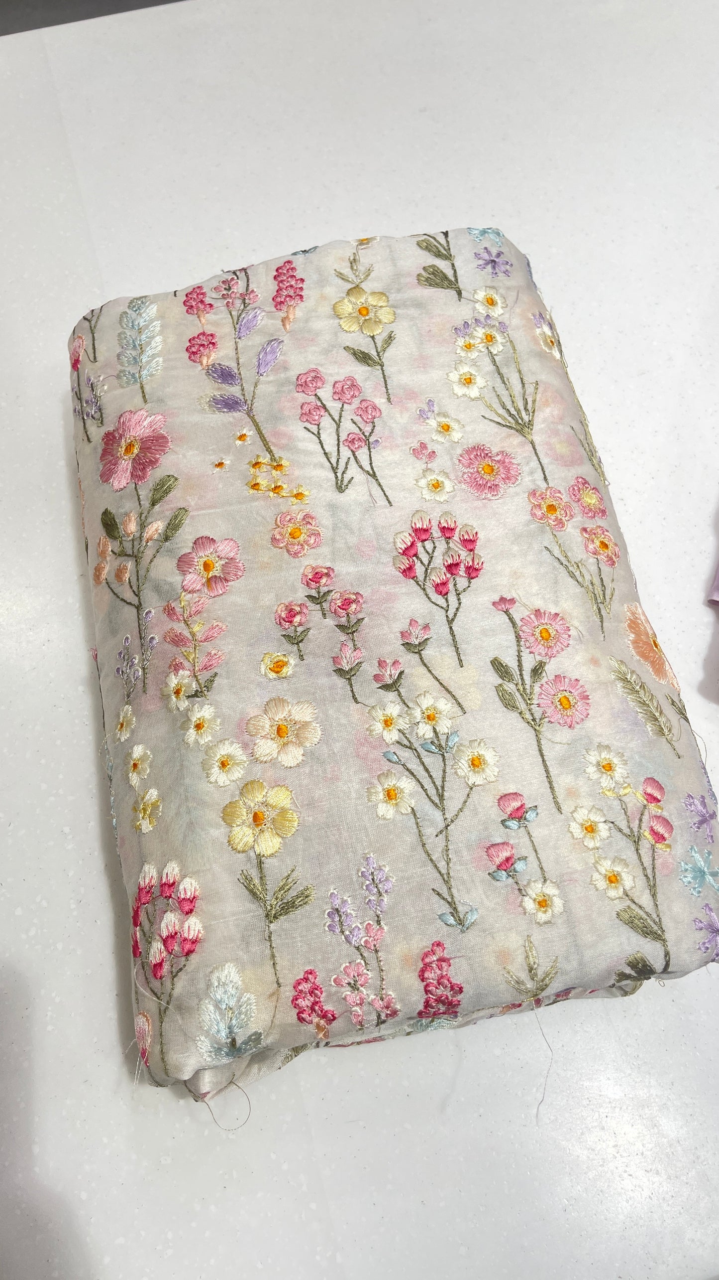 Pure Chanderi Silk Multicolor Floral Embroidered Fabric – Soft Pastel Designer Chanderi for Ethnic & Festive Wear