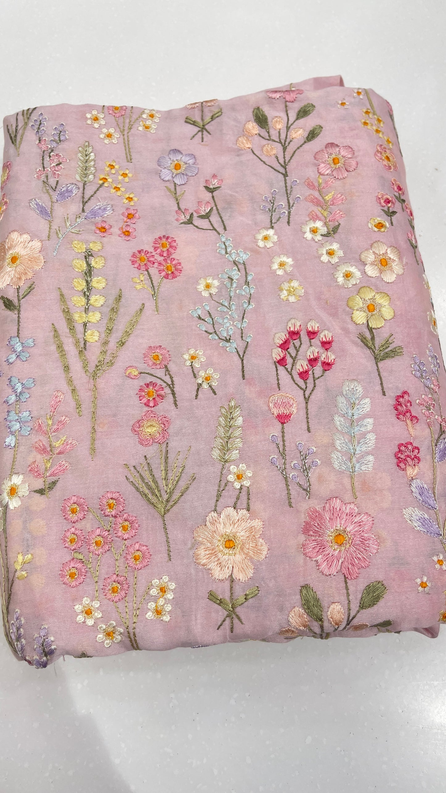 Pure Chanderi Silk Multicolor Floral Embroidered Fabric – Soft Pastel Designer Chanderi for Ethnic & Festive Wear