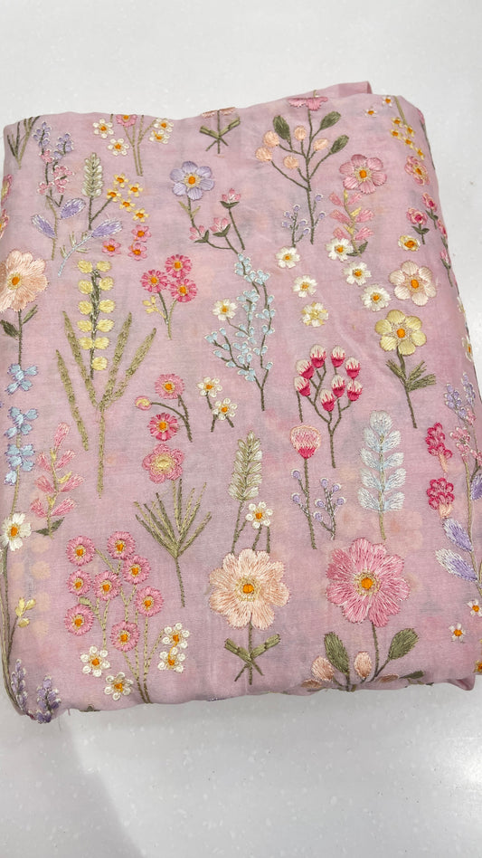 Chanderi Silk Embroidered Fabric – All Over Pastel Floral Butti Designer Ethnic Material
