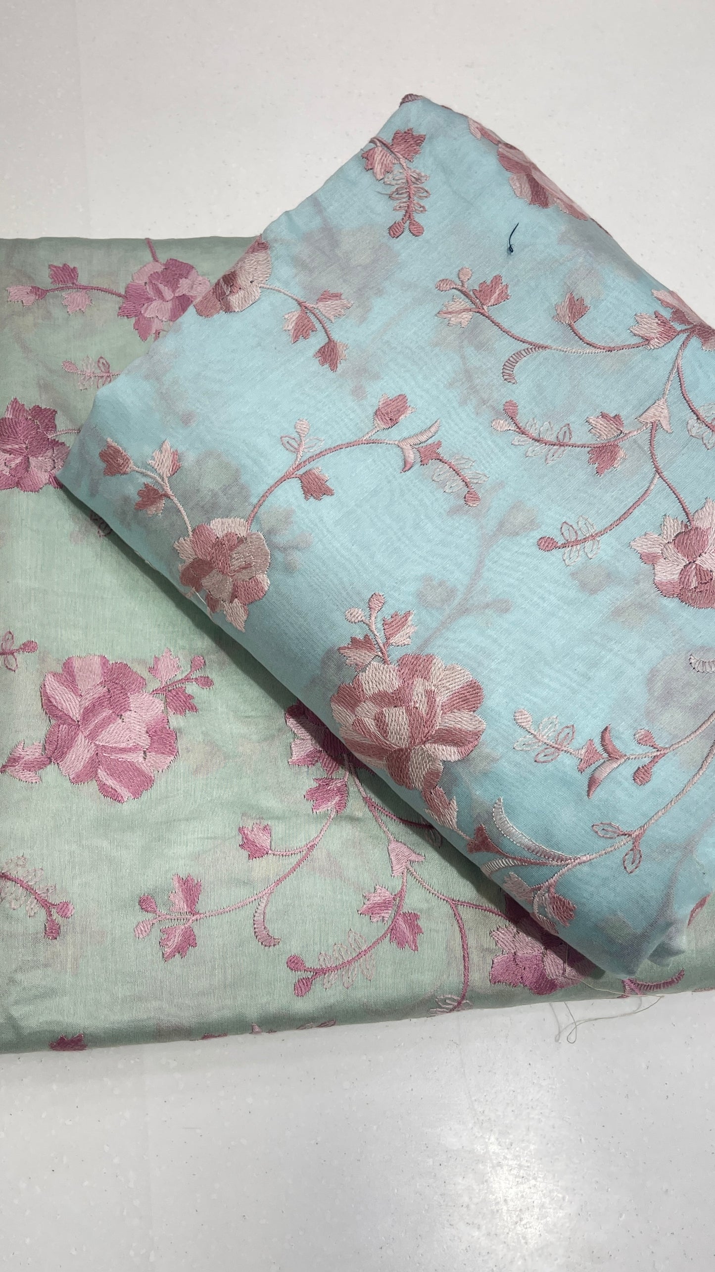 Chanderi Silk Embroidered Fabric – Elegant Pastel Floral Vine Designer Material