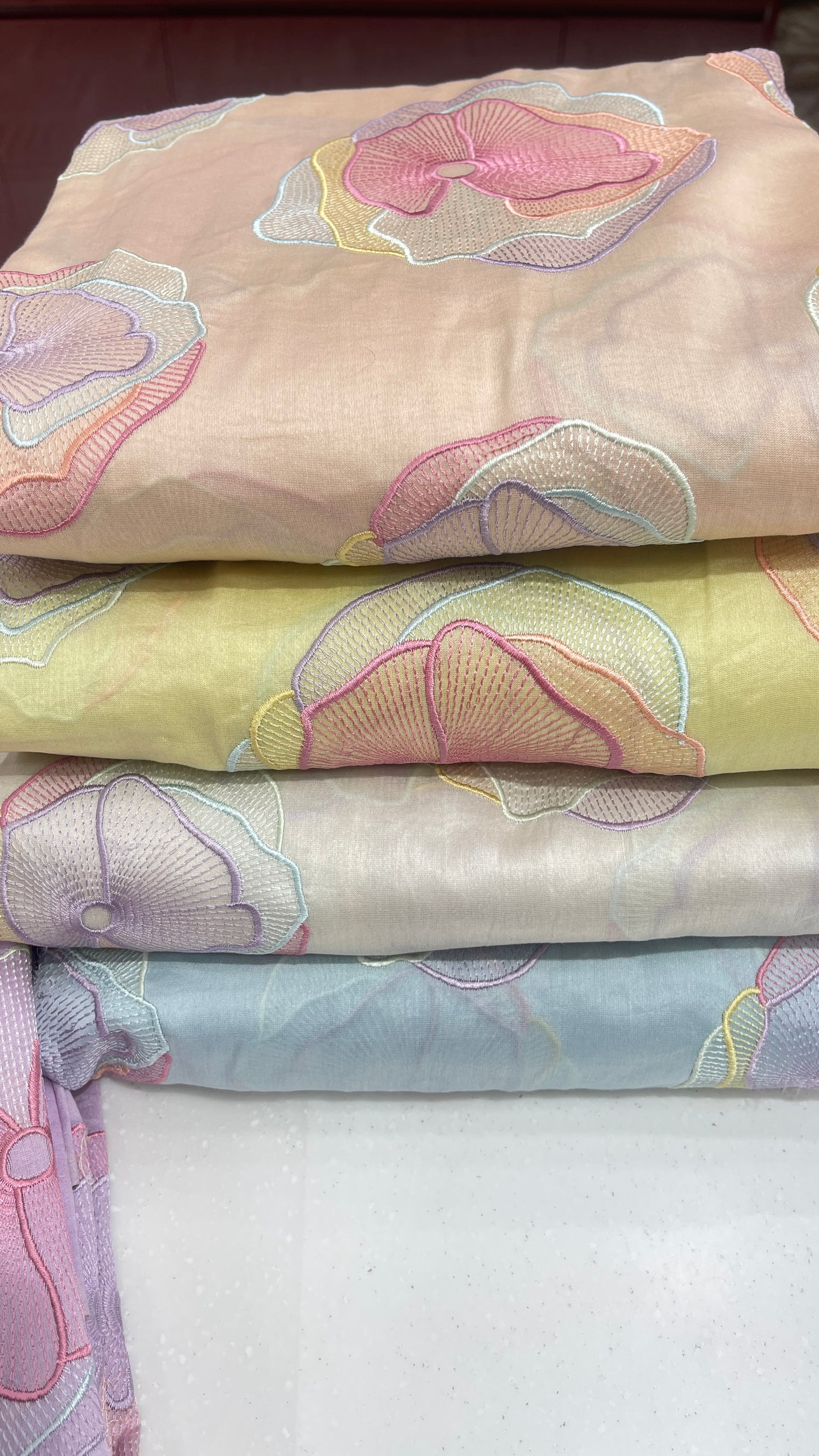 Chanderi Silk Embroidered Fabric – Pastel Multicolor Floral Designer Luxury Material