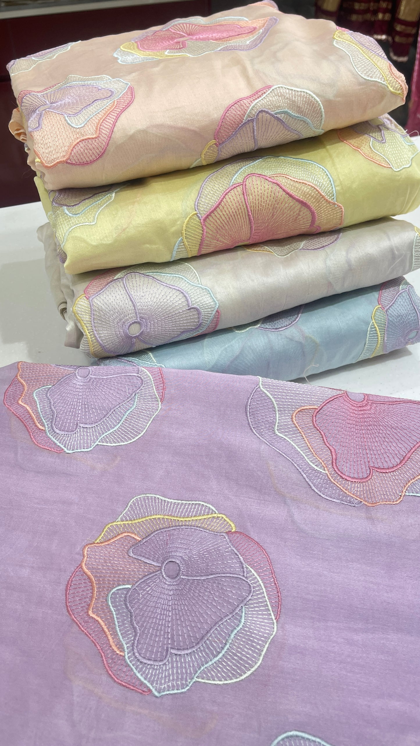 Chanderi Silk Embroidered Fabric – Pastel Multicolor Floral Designer Luxury Material