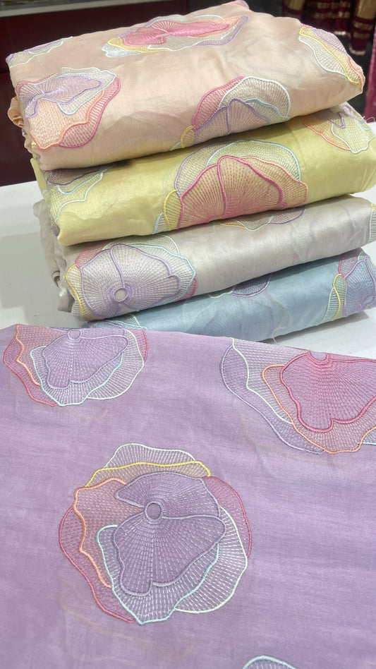 Chanderi Silk Embroidered Fabric – Pastel Multicolor Floral Designer Luxury Material