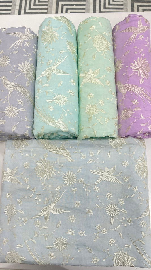 Chanderi Silk Embroidered Fabric – Elegant Pastel Floral & Bird Motif Luxury Weave