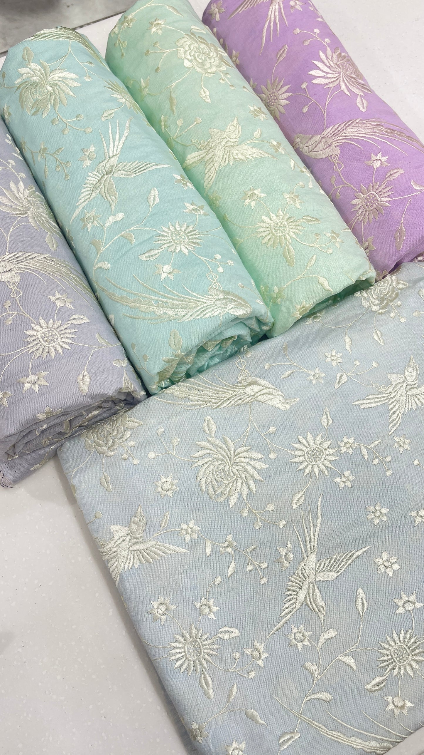 Chanderi Silk Embroidered Fabric – Elegant Pastel Floral & Bird Motif Luxury Weave
