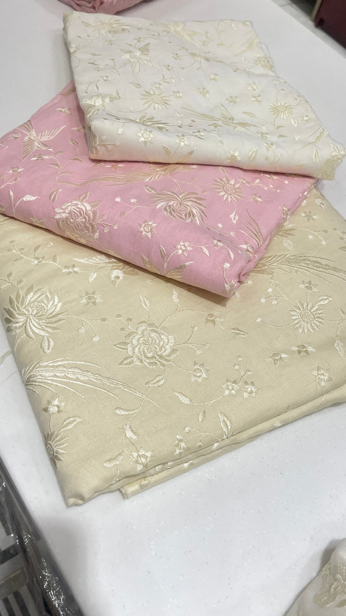 Chanderi Silk Embroidered Fabric – Elegant Pastel Floral & Bird Motif Luxury Weave