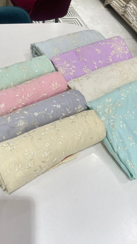 Powder Blue Linen Embroidered Fabric with Ivory Floral Threadwork