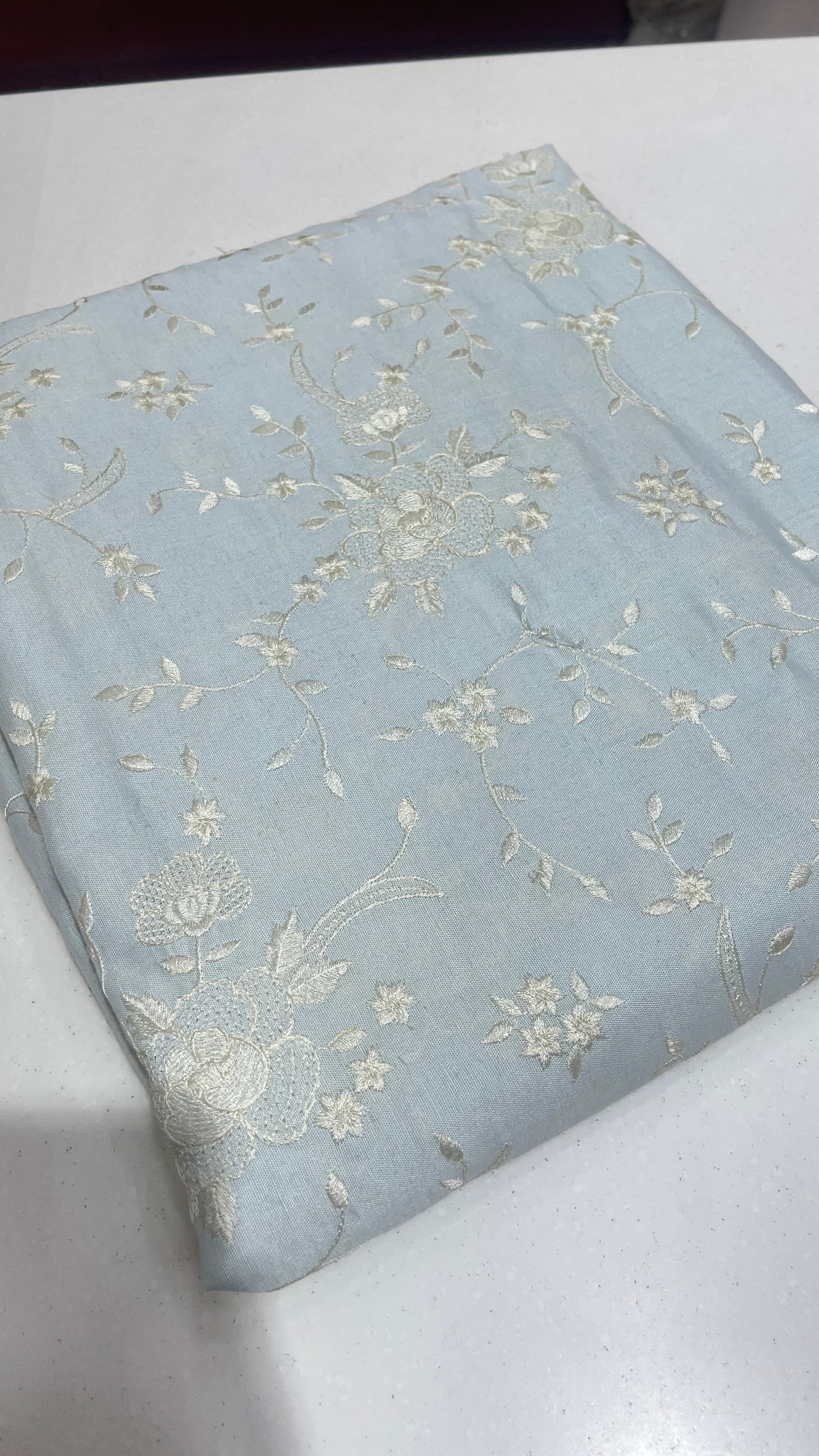 Powder Blue Linen Embroidered Fabric with Ivory Floral Threadwork