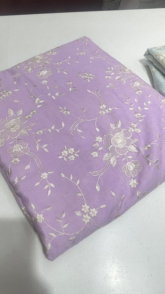 Powder Blue Linen Embroidered Fabric with Ivory Floral Threadwork