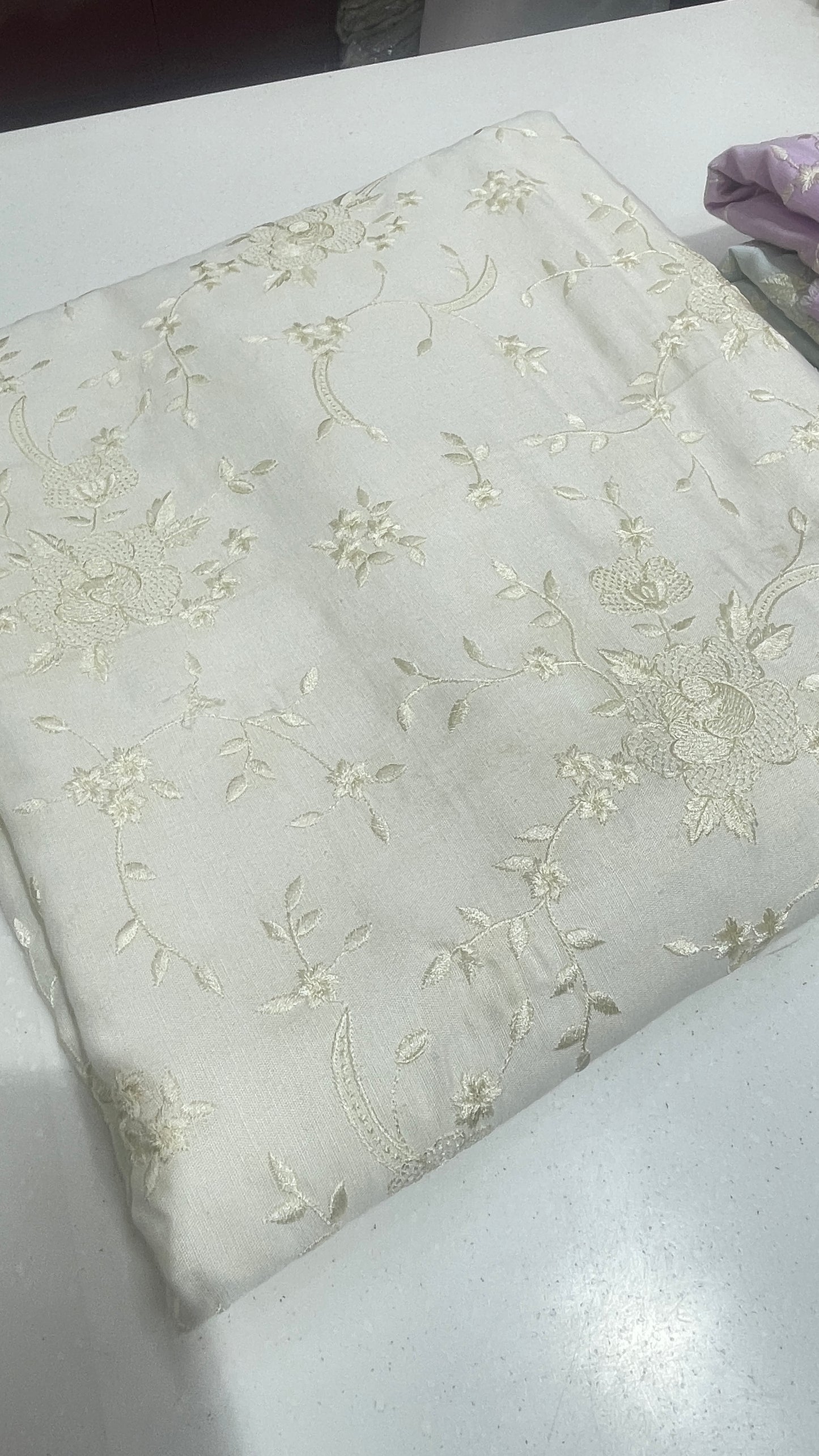 Powder Blue Linen Embroidered Fabric with Ivory Floral Threadwork