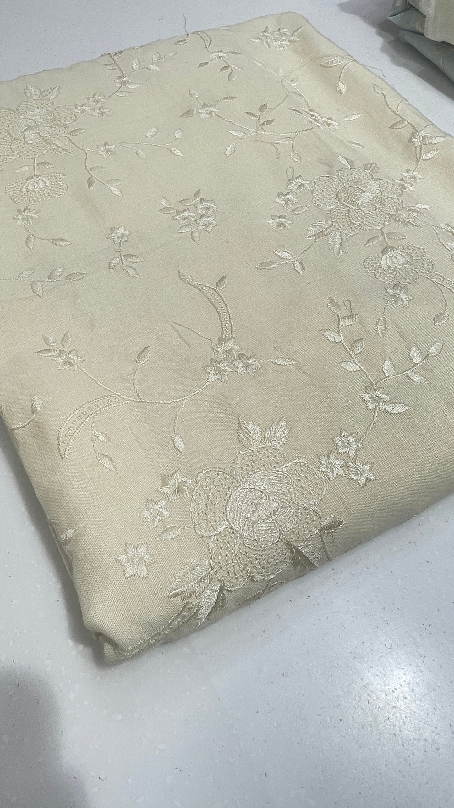 Powder Blue Linen Embroidered Fabric with Ivory Floral Threadwork