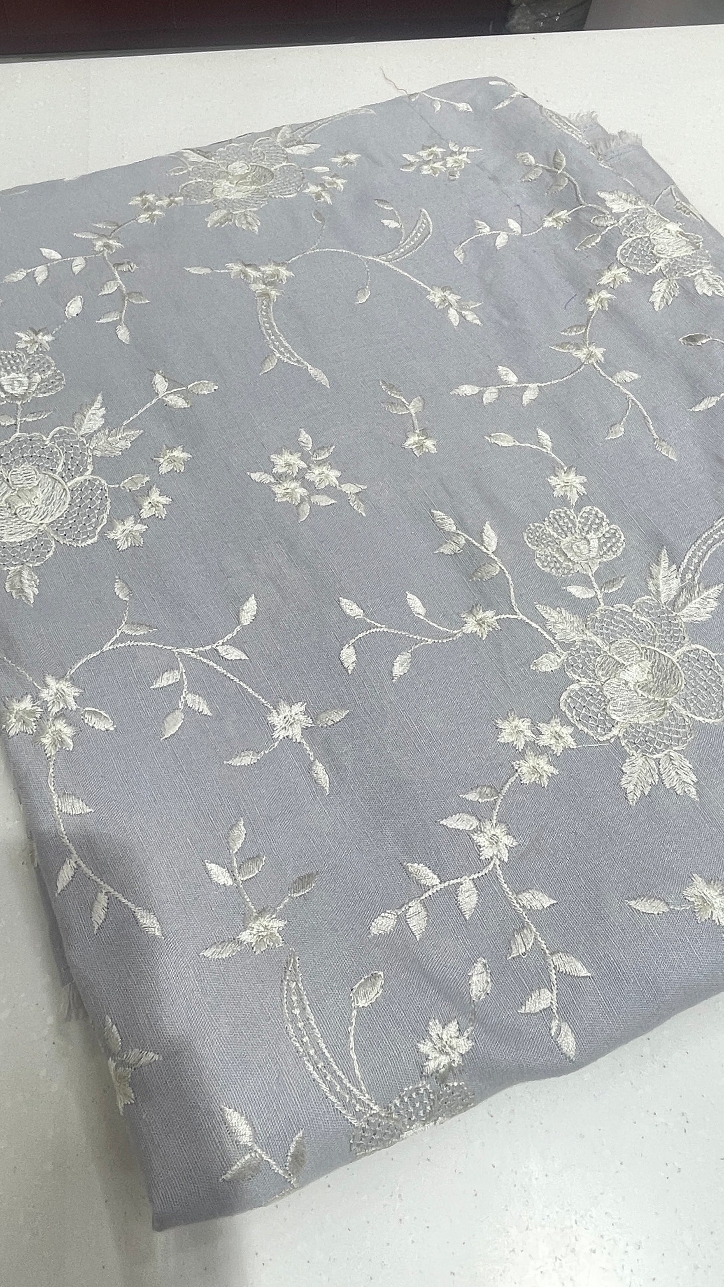 Powder Blue Linen Embroidered Fabric with Ivory Floral Threadwork