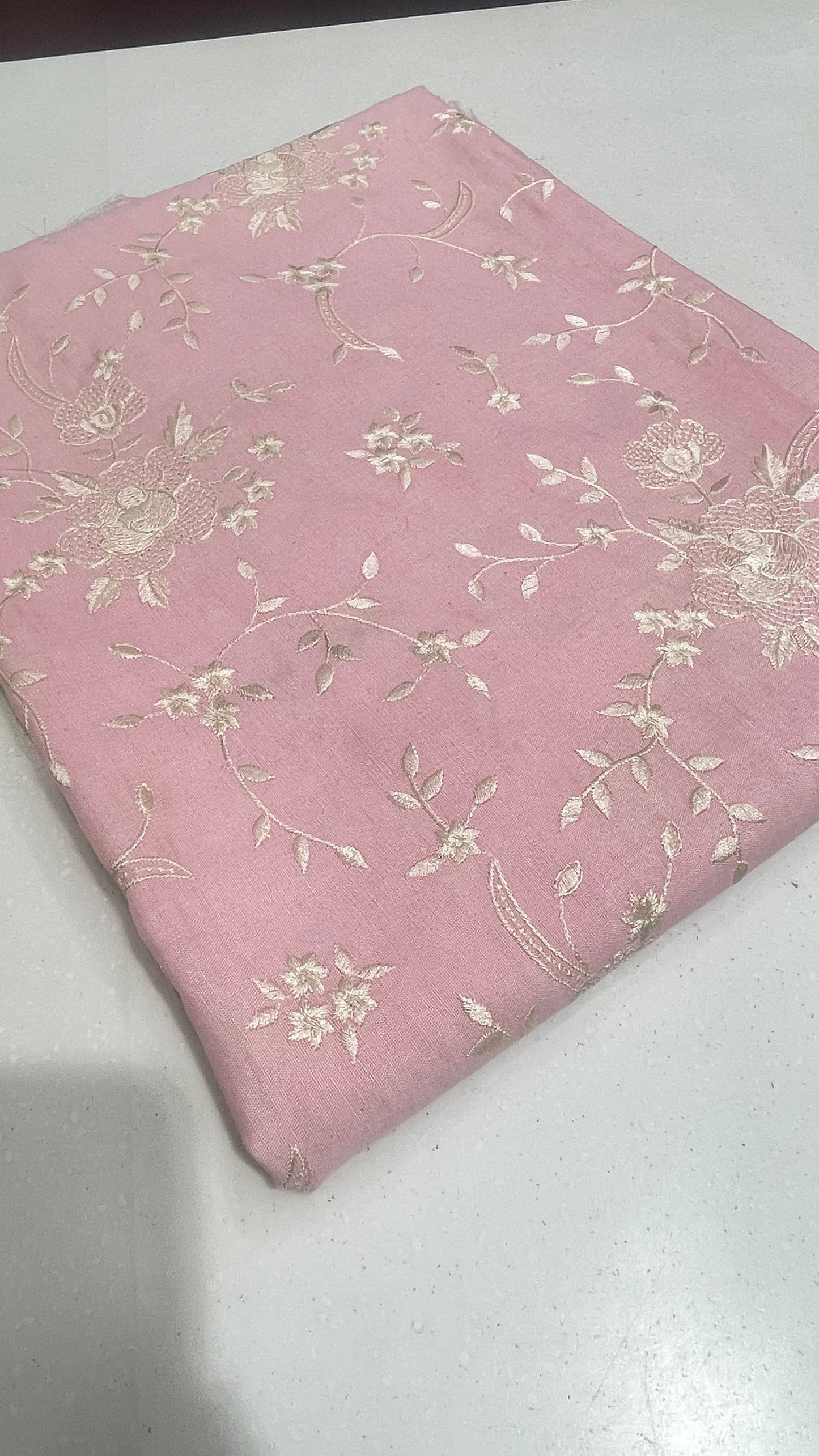 Powder Blue Linen Embroidered Fabric with Ivory Floral Threadwork