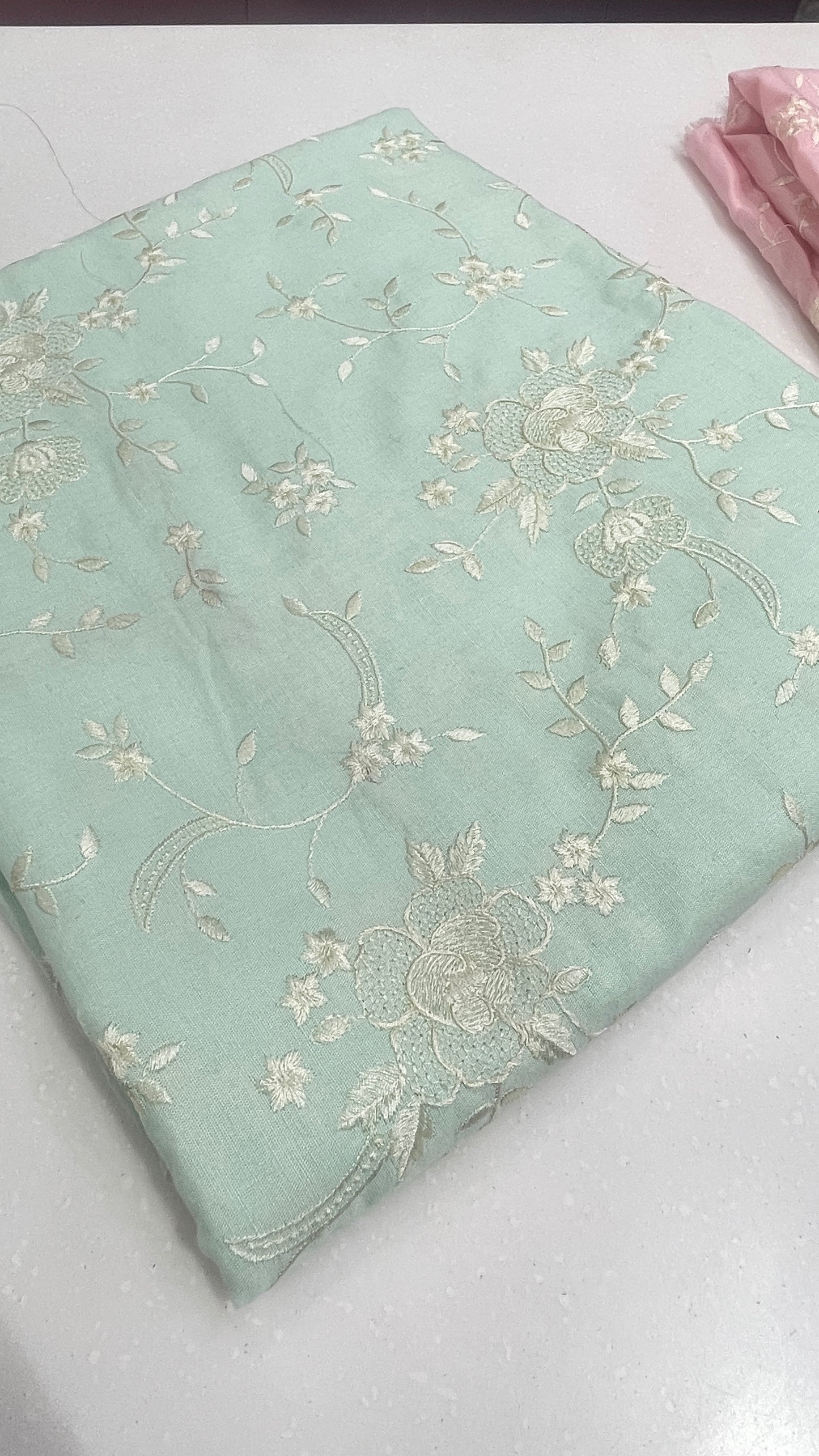 Powder Blue Linen Embroidered Fabric with Ivory Floral Threadwork