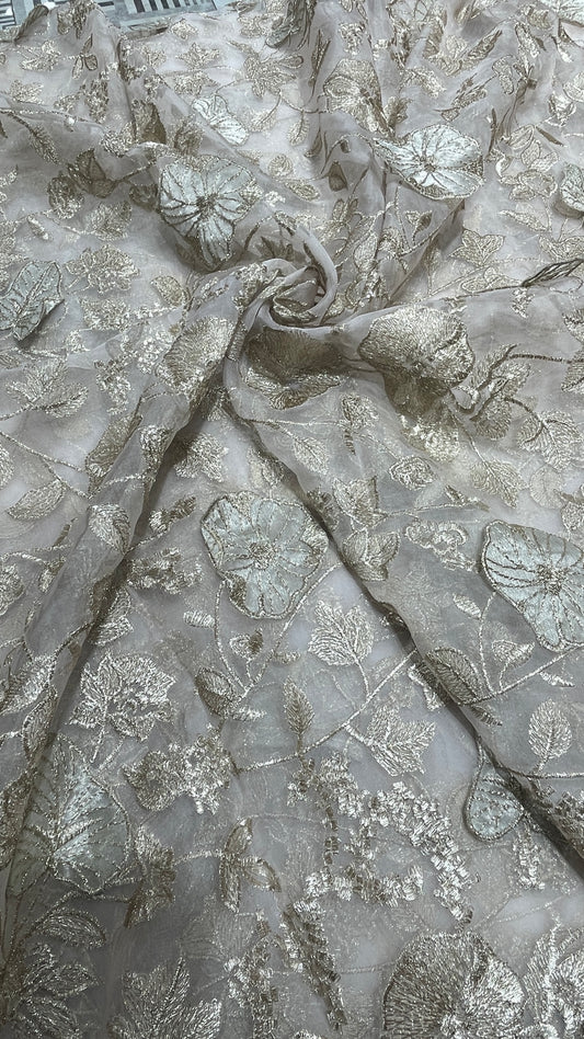 Ivory Gold Organza Flower Embroidered Fabric – Premium Sheer Designer Floral