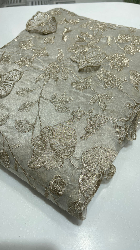 Ivory Gold Organza Flower Embroidered Fabric – Premium Sheer Designer Floral