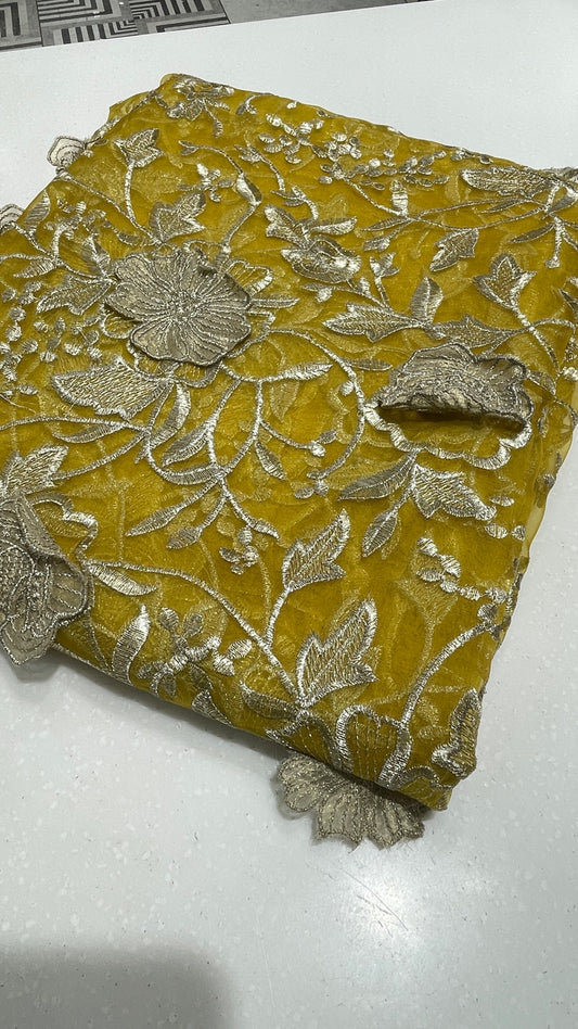 Mustard Yellow Organza Flower Embroidered Fabric – 3D Floral Gold Threadwork