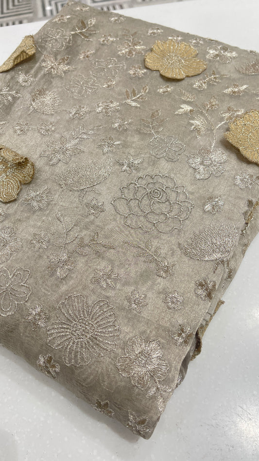 Champagne Gold Organza Flower Embroidered Fabric – 3D Floral Work