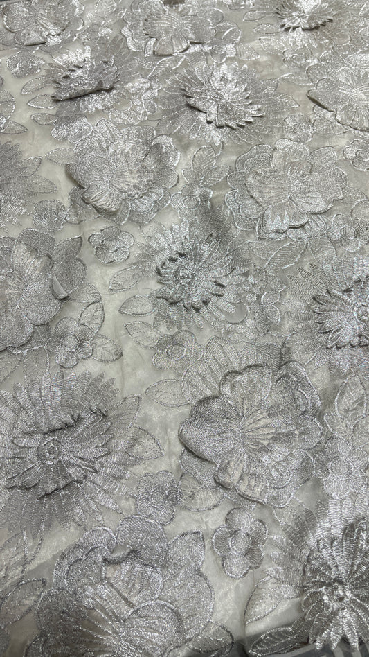 Luxury 3D Silver Floral Organza Embroidery Fabric – Heavy Designer Couture Net for Bridal, Lehenga, Gown & Saree