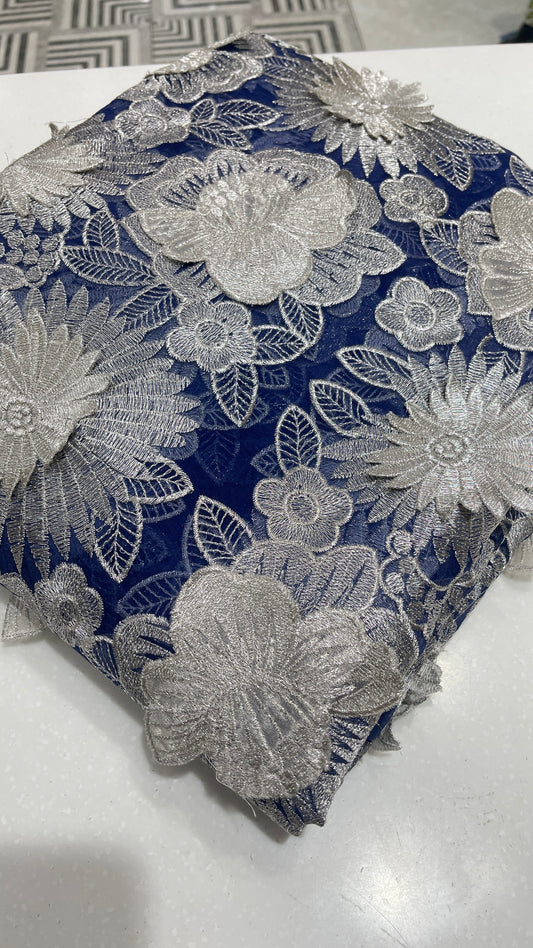 Royal Blue 3D Silver Floral Organza Embroidery Fabric – Luxury Designer Couture Fabric