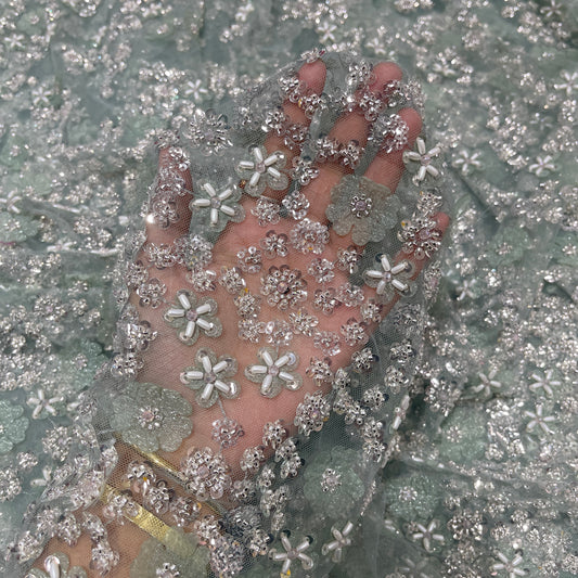 Premium Floral Net Embroidery Fabric with Sequins & Bead Work – Luxury Designer Wedding Material