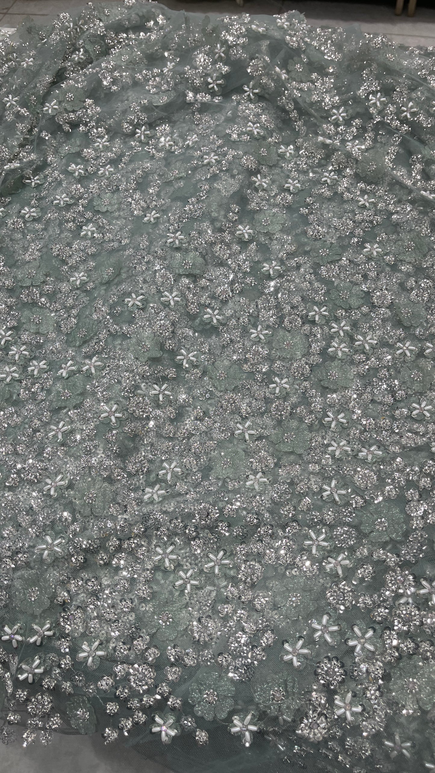Premium Floral Net Embroidery Fabric with Sequins & Bead Work – Luxury Designer Wedding Material