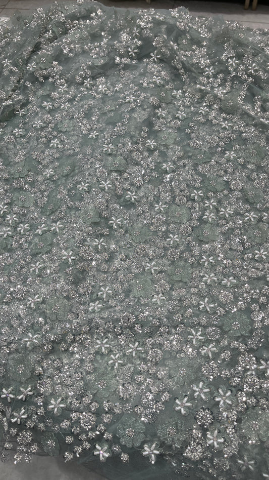 Premium Floral Net Embroidery Fabric with Sequins & Bead Work – Luxury Designer Wedding Material