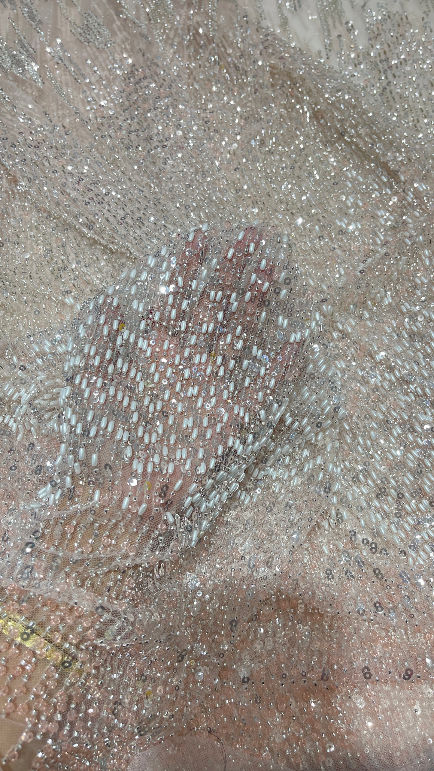 Luxury Hand-Embellished Net Embroidery Fabric with Sequins & Beadwork