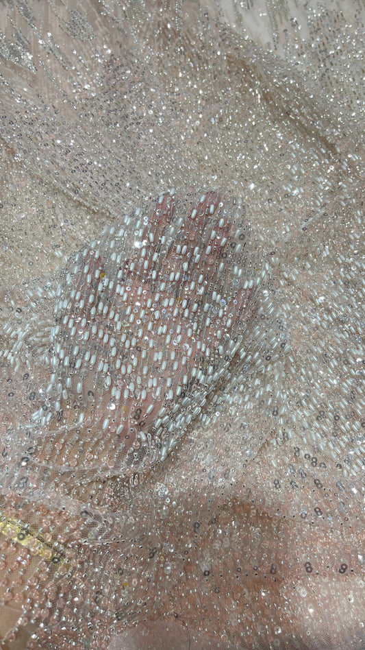 Luxury Hand-Embellished Net Embroidery Fabric with Sequins & Beadwork